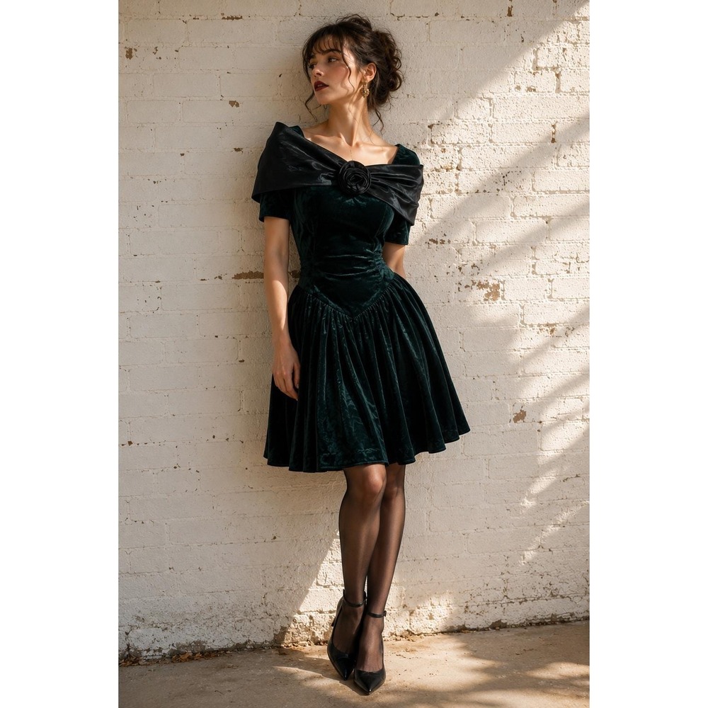Vintage Emerald Green Velvet Fit Flare Dress 80s Gothic Romance Formal Size 7